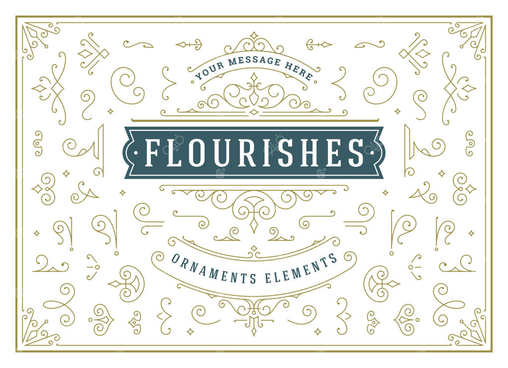 مجموعه عناصر طراحی تزیینات وینتج شامل پیچک‌ها و طرح‌های خوشنویسی، ترکیب‌های زینتی و پرکار