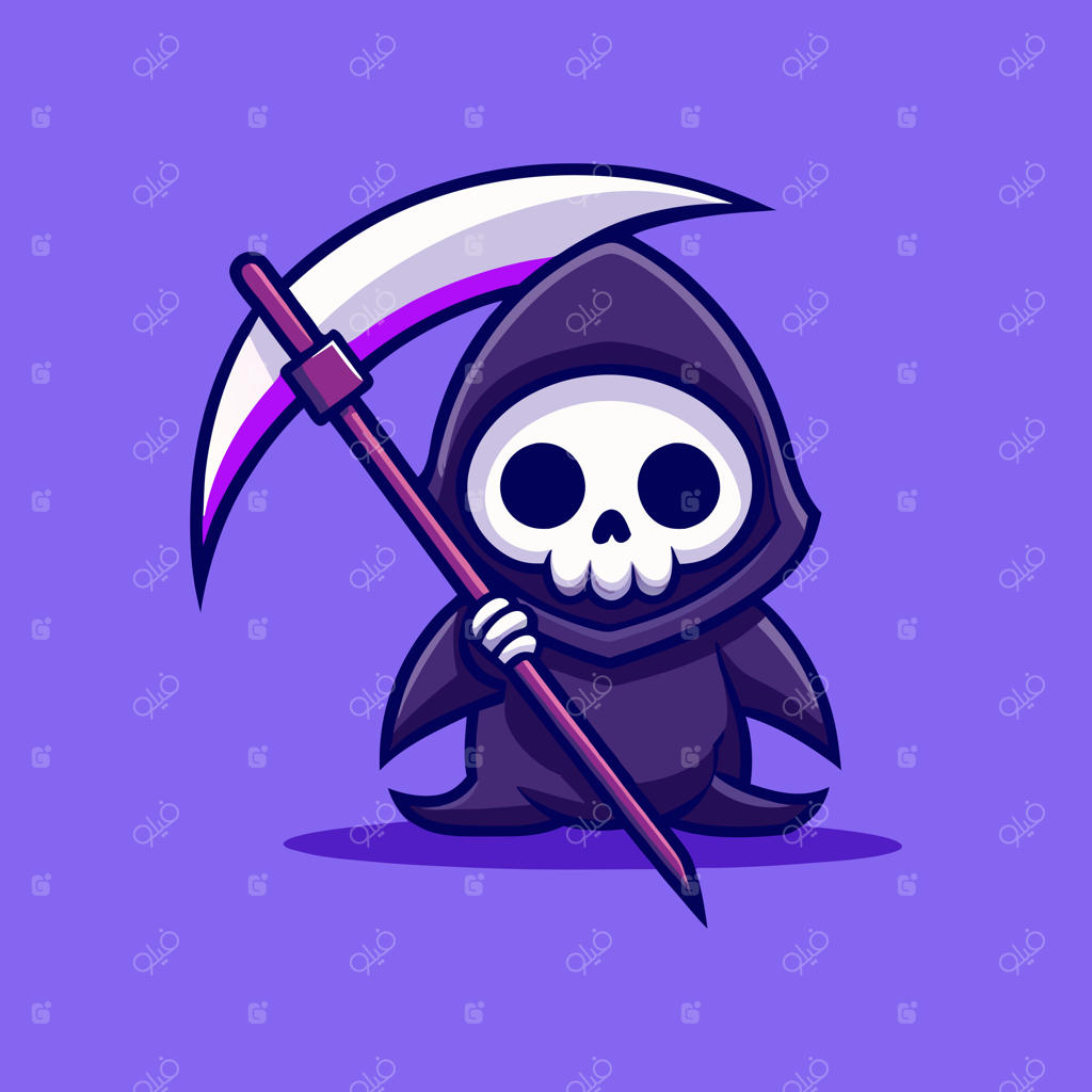 تصویرسازی کارتونی فرشته مرگ بامزه داس به دست، آیکون جشن هالووین