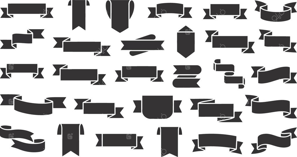 مجموعه متنوع بنرهای روبانی مشکی ساده و خام با اشکال گوناگون برای متن و جوایز