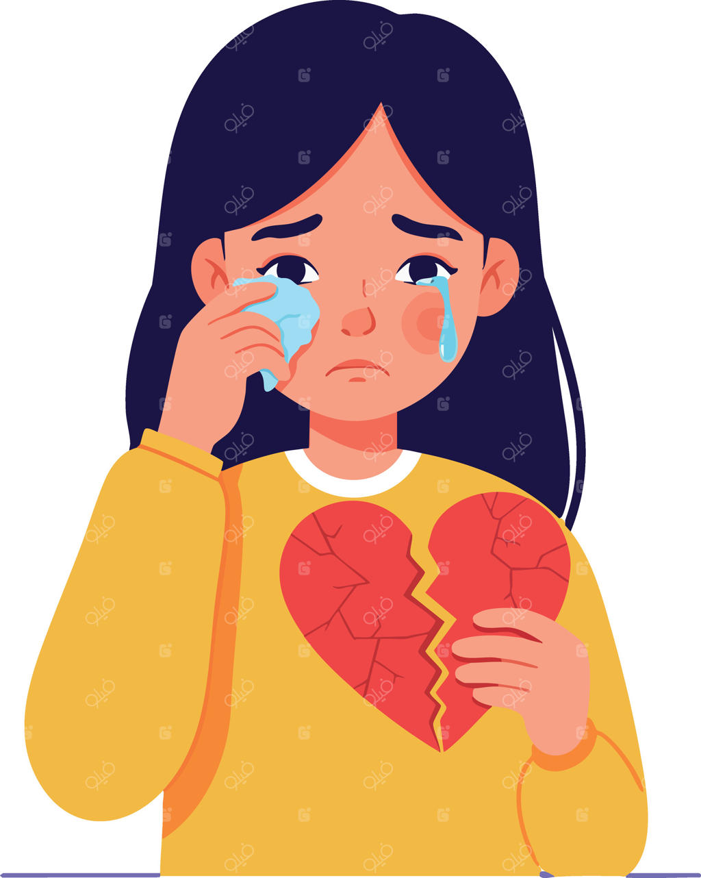 تصویر دختری جوان و غمگین در حال گریه با قلب شکسته و ژاکت زرد