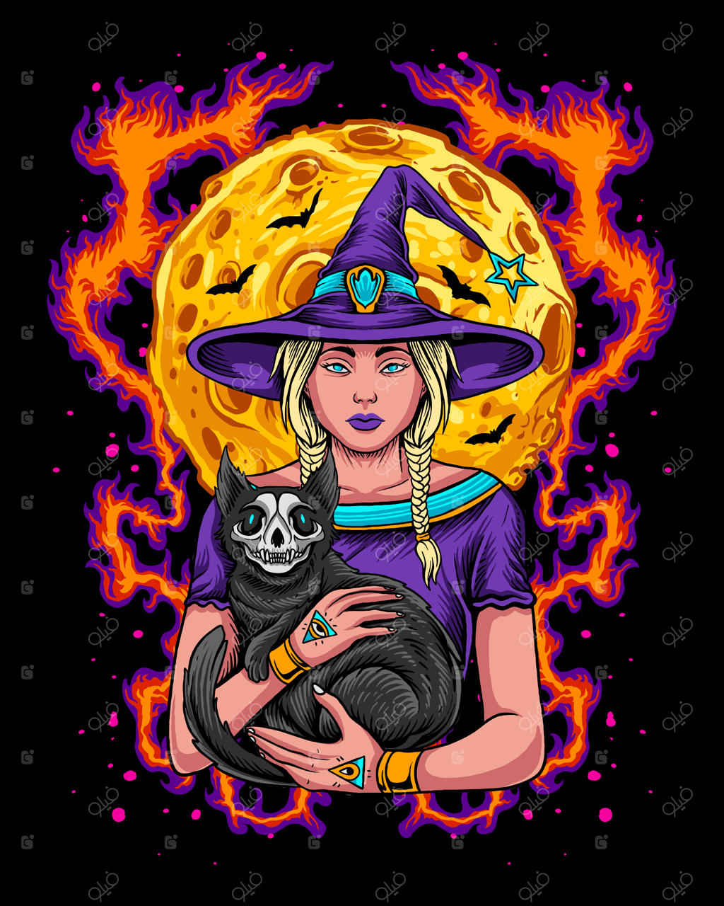 جادوگر هالووین در حال نگه‌داشتن گربه‌ی اسکلت‌دار سیاه