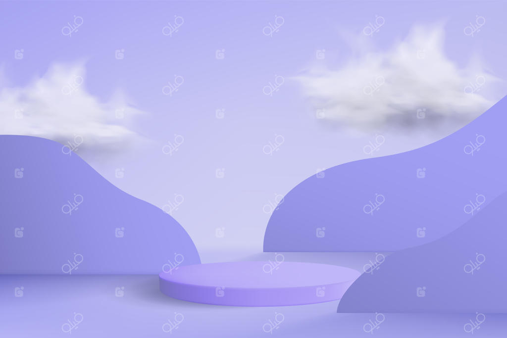 پس‌زمینه انتزاعی بنفش با سکوی خالی و ابرها در پس‌زمینه