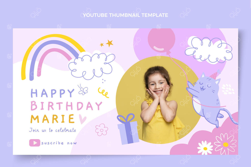 تصویر بندانگشتی یوتیوب برای تولد با طرحی کودکانه و دست‌کشیده