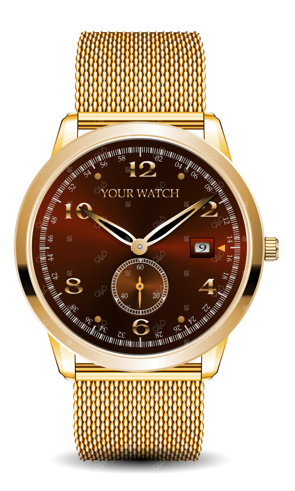 ساعت مچی طلایی لوکس با صفحه سفید، اعداد خاکستری و عقربه نارنجی - طراحی واقع‌گرایانه وکتور