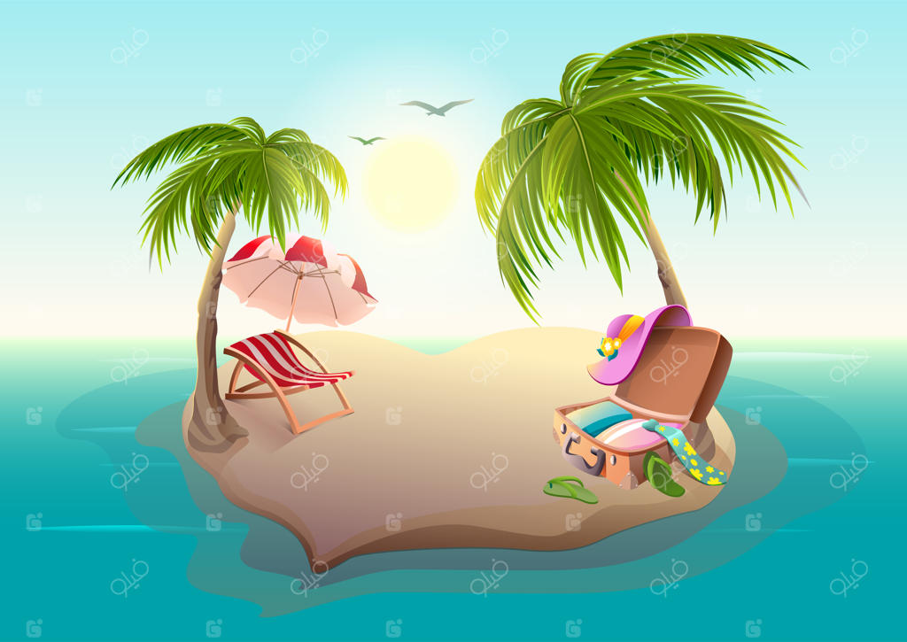 جزیره گرمسیری و درختان نخل در دریای آبی