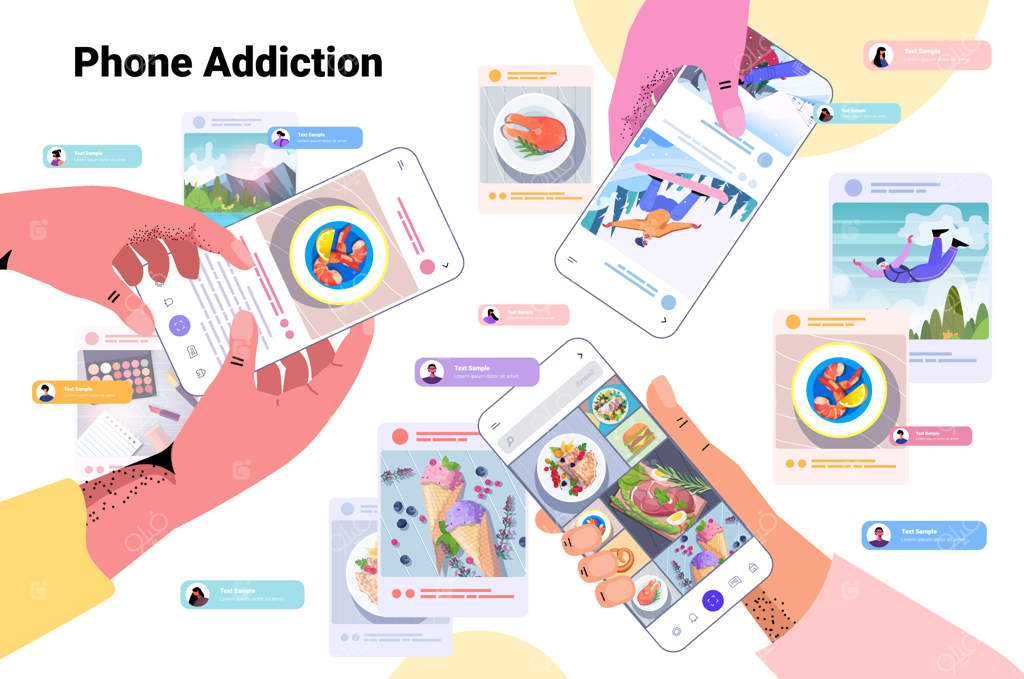 به اشتراک گذاشتن عکس در شبکه‌های اجتماعی: وبلاگ‌نویسان در حال پست‌گذاری برای جذب دنبال‌کنندگان و اعتیاد به رسانه‌های اجتماعی (تصویرسازی افقی)