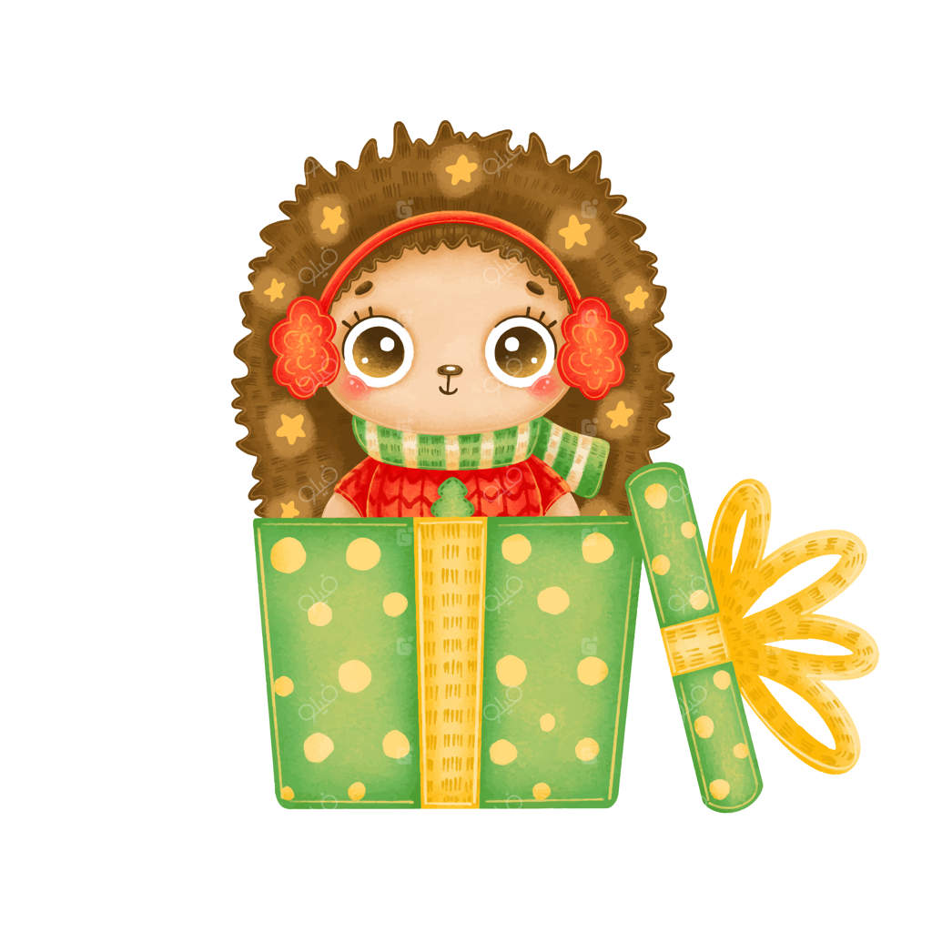 تصویر جوجه‌تیغی کارتونی بامزه کریسمس با پلیور قرمز و ستاره‌ها درون جعبه هدیه سبز