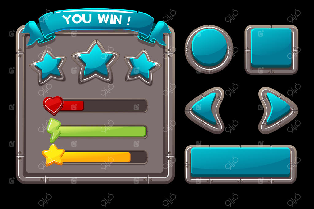 مفهوم بازی با رابط فلزی: تصویرسازی برداری از دکمه‌ها و قاب‌های آبی برای منو