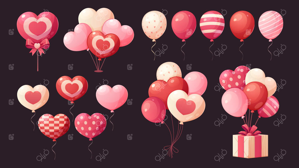 ست بالن های کارتونی برای روز ولنتاین: بالن‌های گرد و قلبی شکل