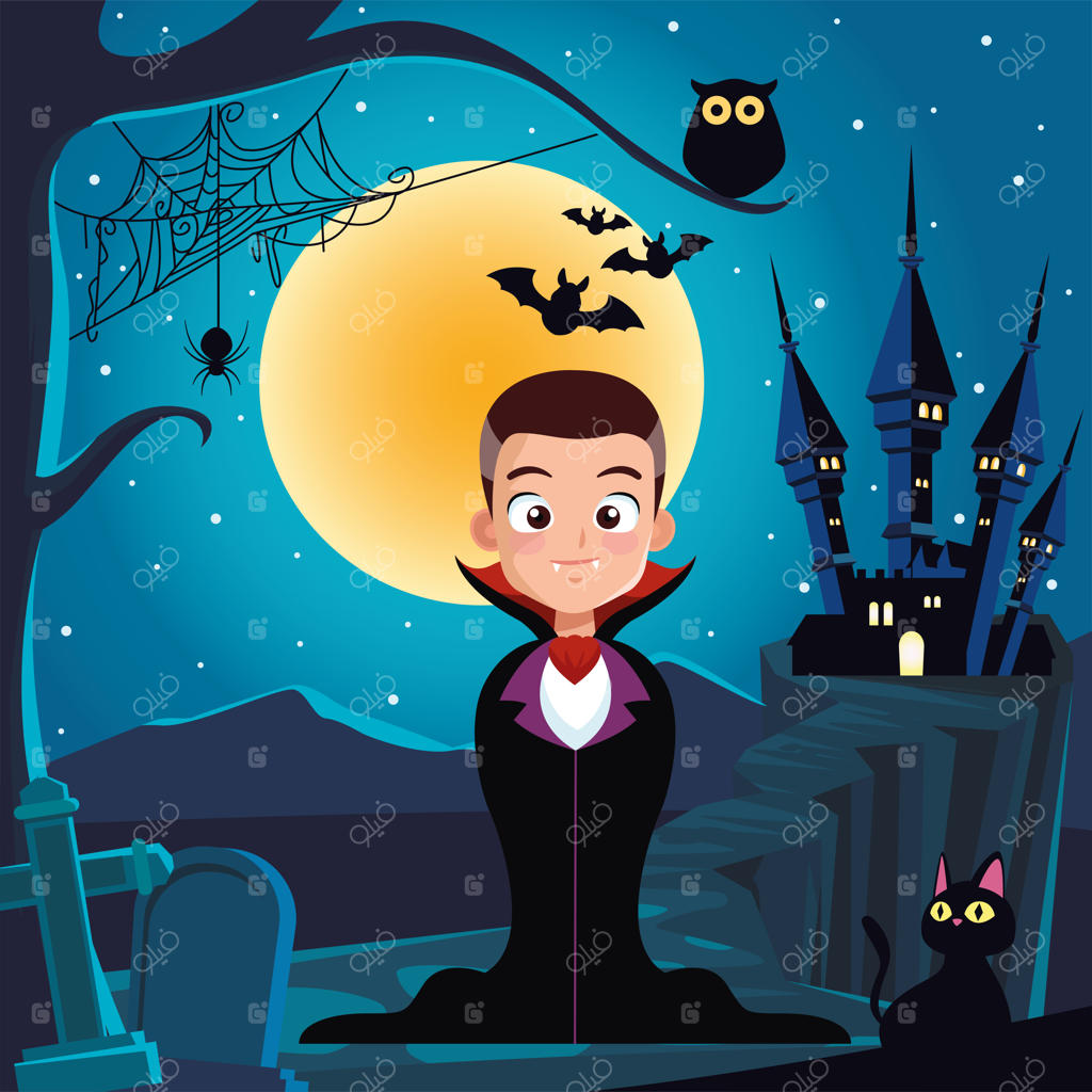 پسر با لباس خون‌آشام هالووین جلوی خانه در شب، طراحی با تم ترسناک و تعطیلات