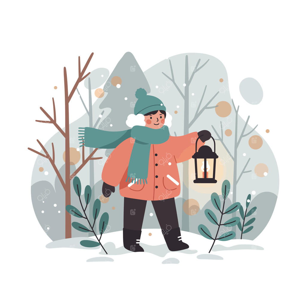 تصویرسازی کودک فانوس به دست در حال قدم زدن در جنگل زمستانی با کلاه، شال‌گردن و کاپشن گرم