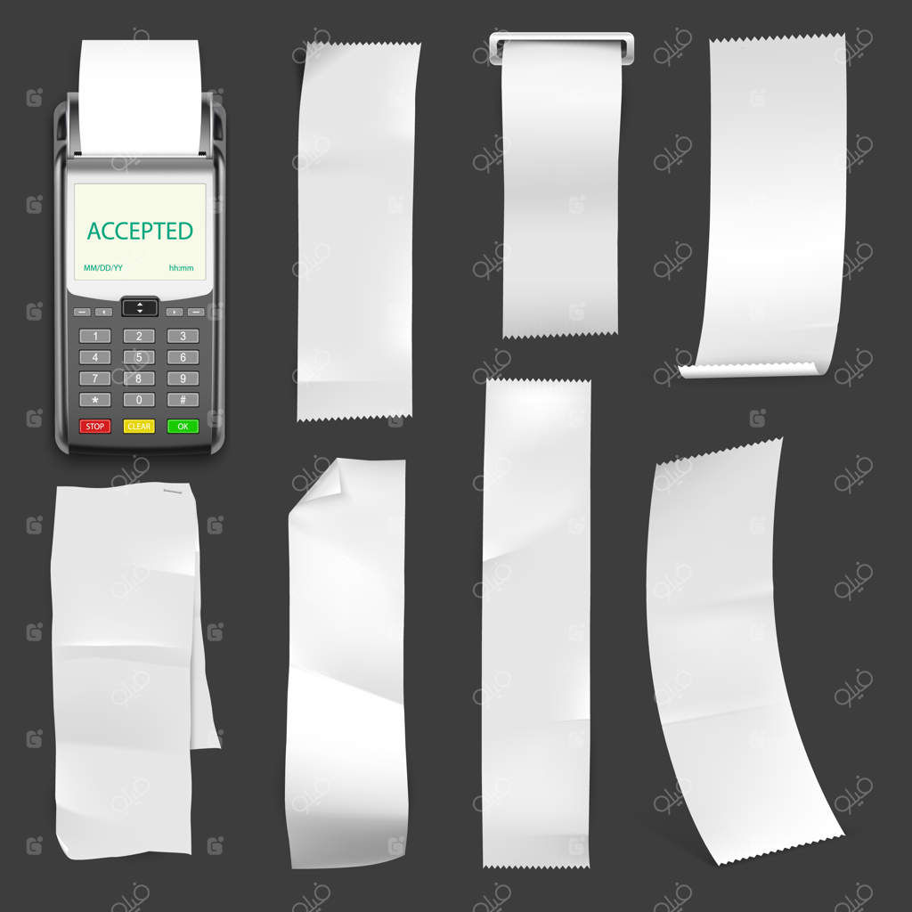 قالب دستگاه پوز قابل حمل با چک‌های سفید - دستگاه الکترونیکی برای چاپ چک کاغذی.