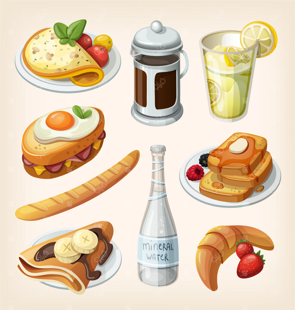 مجموعه‌ای از عناصر و غذاهای سنتی صبحانه فرانسوی. تصاویر