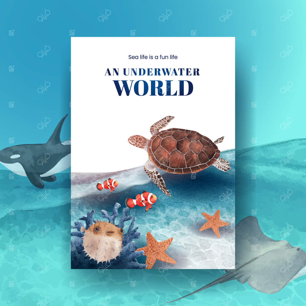 پوستر با طراحی مفهومی از حیات دریایی به سبک آبرنگ