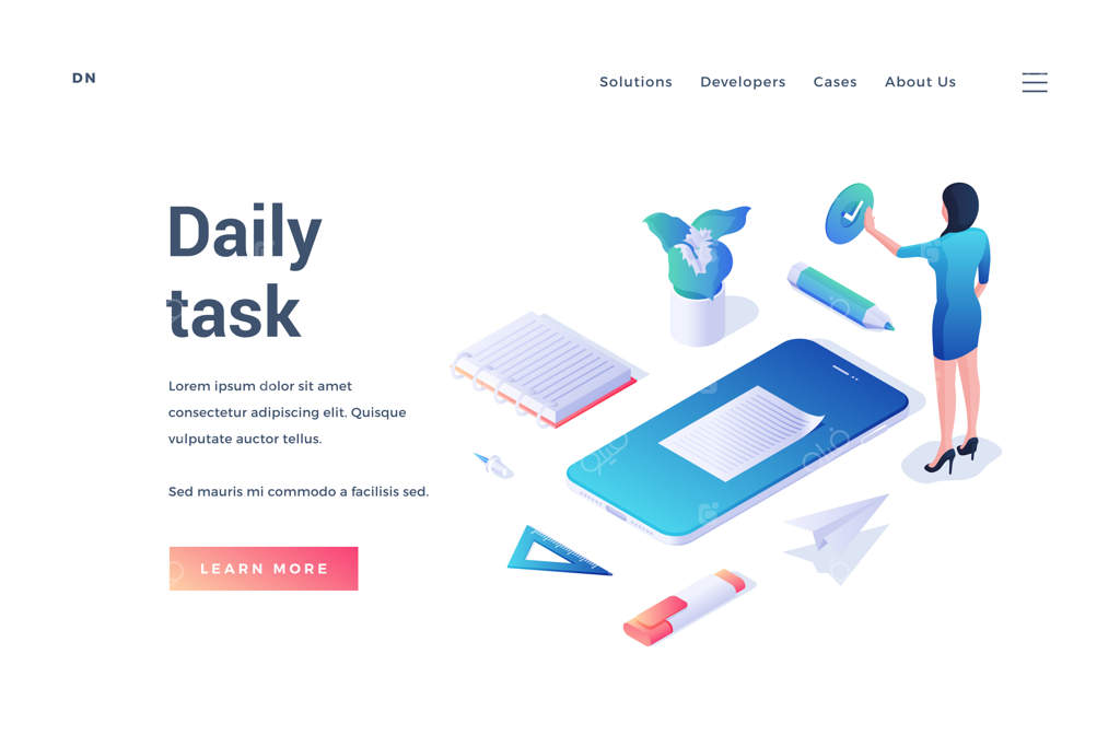 تصویر با طراحی ایزومتریک یک وبسایت ارائه‌دهنده اطلاعات درباره کارهای روزانه و زنی با آیکون‌های مسائل روزمره بر روی پس‌زمینه سفید