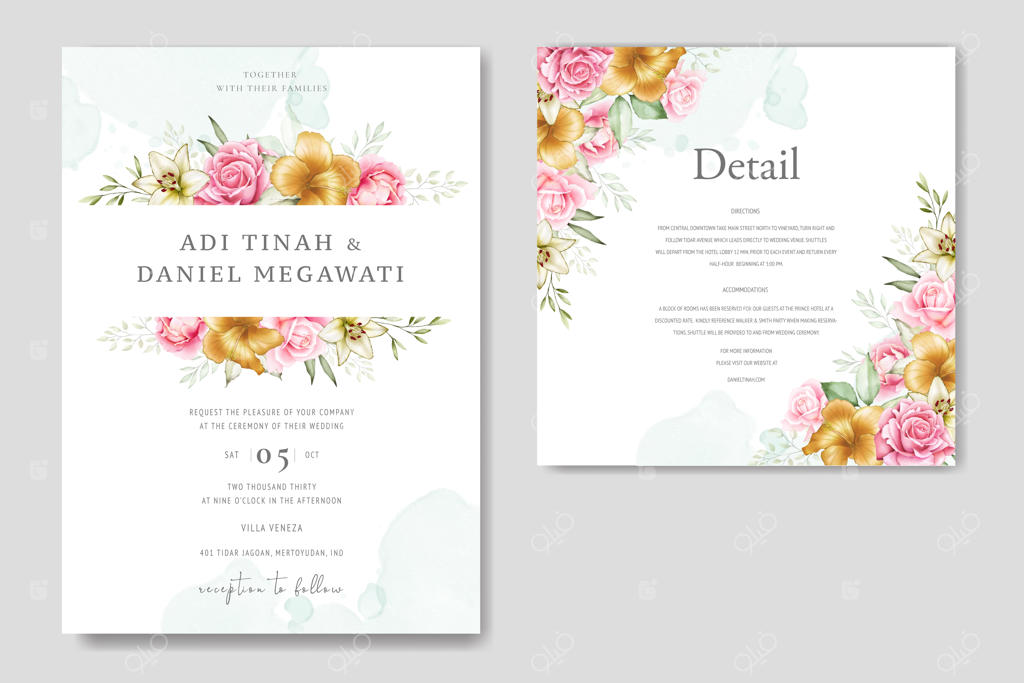 قالب ست کارت عروسی با طراحی گُل‌ها و برگ‌ها به سبک آبرنگی