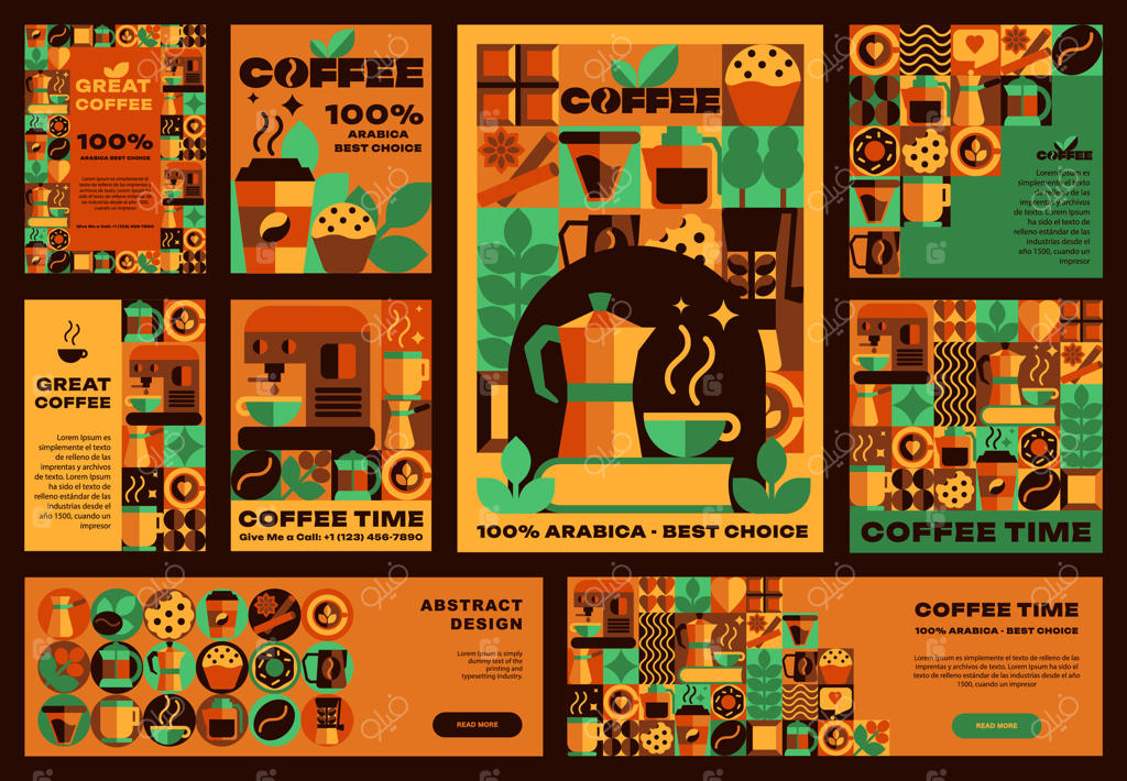 بنرها و پوسترها، فلایرها و کارت‌های قهوه باوهاوس با الگوهای یکنواخت و نمادهای انتزاعی