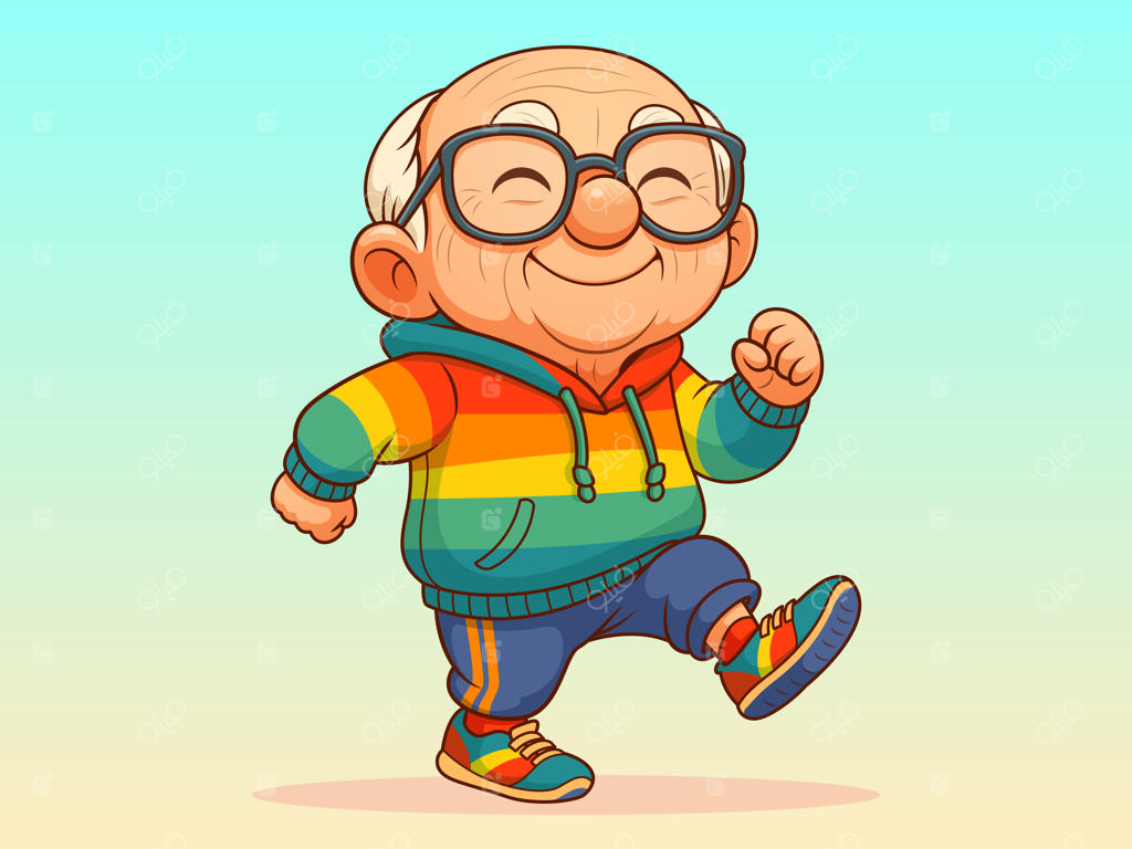 پدربزرگ کارتونی با هودی رنگین‌کمانی