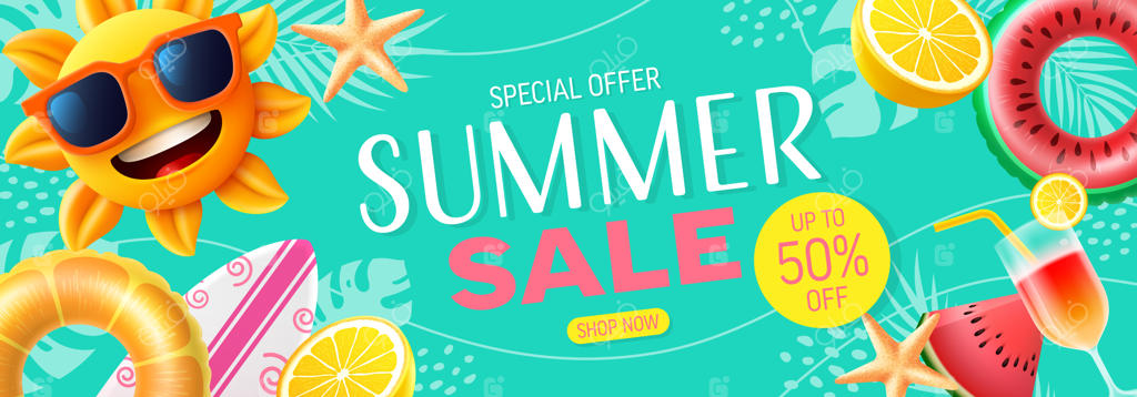 قالب پوستر و بنر حراج تابستانی با خورشید عینک‌دودی، شناور رنگارنگ و برگ نخل استوایی