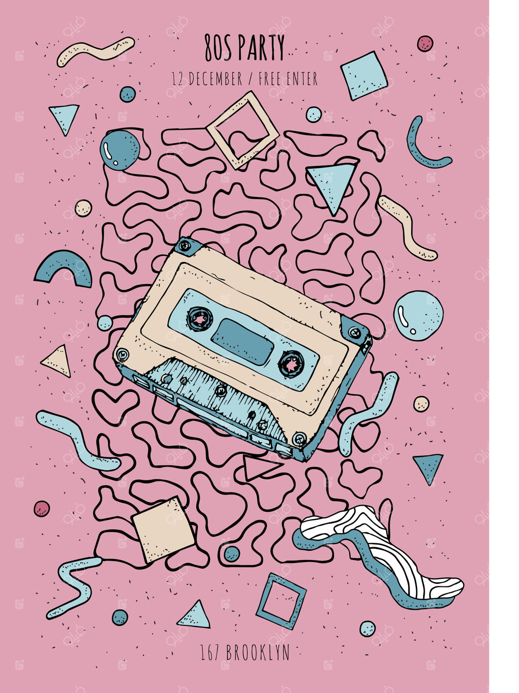 پوستر به سبک نوستالژی دهه‌های ۸۰ و ۹۰ با طرح‌های هندسی مدرن و قالب پلاکارد مهمانی همراه با کاست نوار