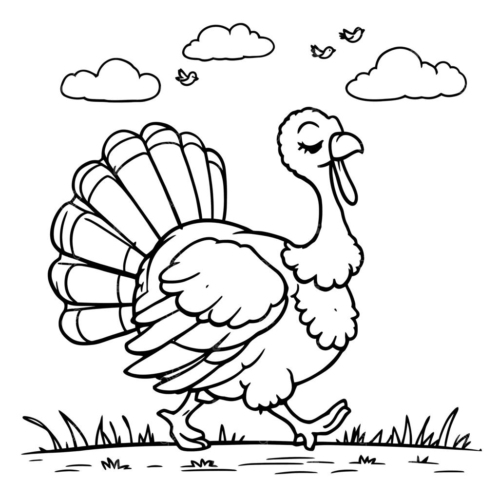 بوقلمون کارتونی شادمان در حال قدم زدن با افتخار در یک دشت زیر ابرها