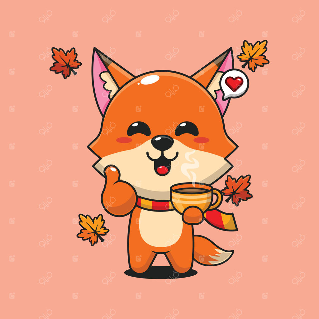 تصویر کارتونی روباه بامزه با فنجان قهوه در یک روز پاییزی
