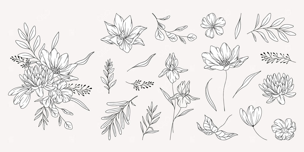 برچسب‌های طراحی تخت با هنر خطی گل‌ها