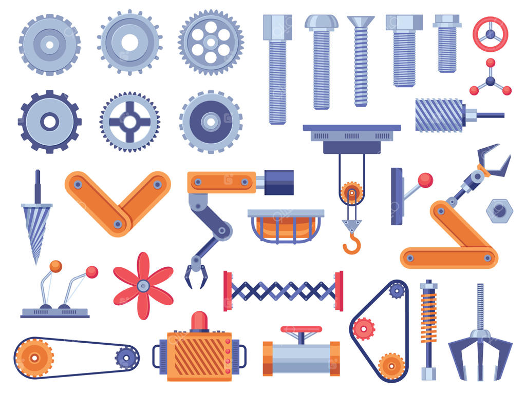 قطعات مکانیکی: جزئیات موتورهای مکانیکی و الکتریکی، پیچ و مهره‌ها، سیستم انتقال قدرت، و تجهیزات صنعتی خودرو. مجموعه‌ای با طرح برداری
