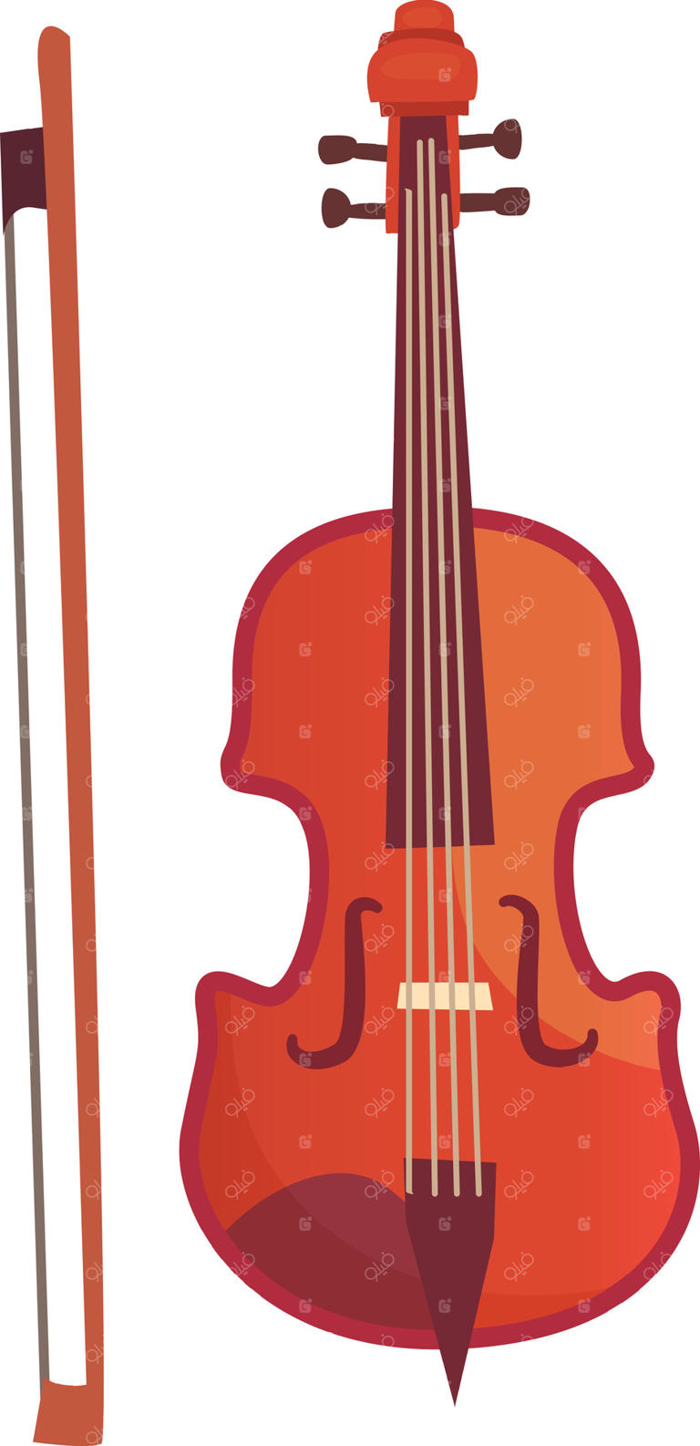 ویولنی با طراحی زیبا و طیف‌های گرم نارنجی در کنار کمانی به چشم می‌خورد. این ساز نمادی از هنر و شور موسیقی است که هم برای نوازندگان و هم کلکسیونرها جذابیت دارد.