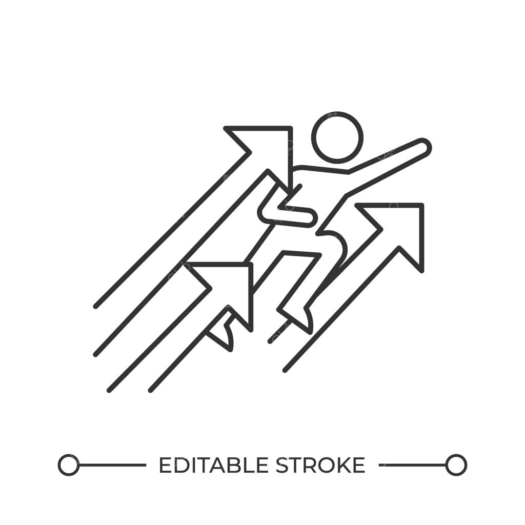 آیکون خطی رشد فردی. شخصی که با پیکان‌های رو به بالا در حال پیشرفت است. عزم برای رسیدن به اهداف. آموزش موفقیت. تصویر ایزوله. نماد ساده و خطی. قابل ویرایش