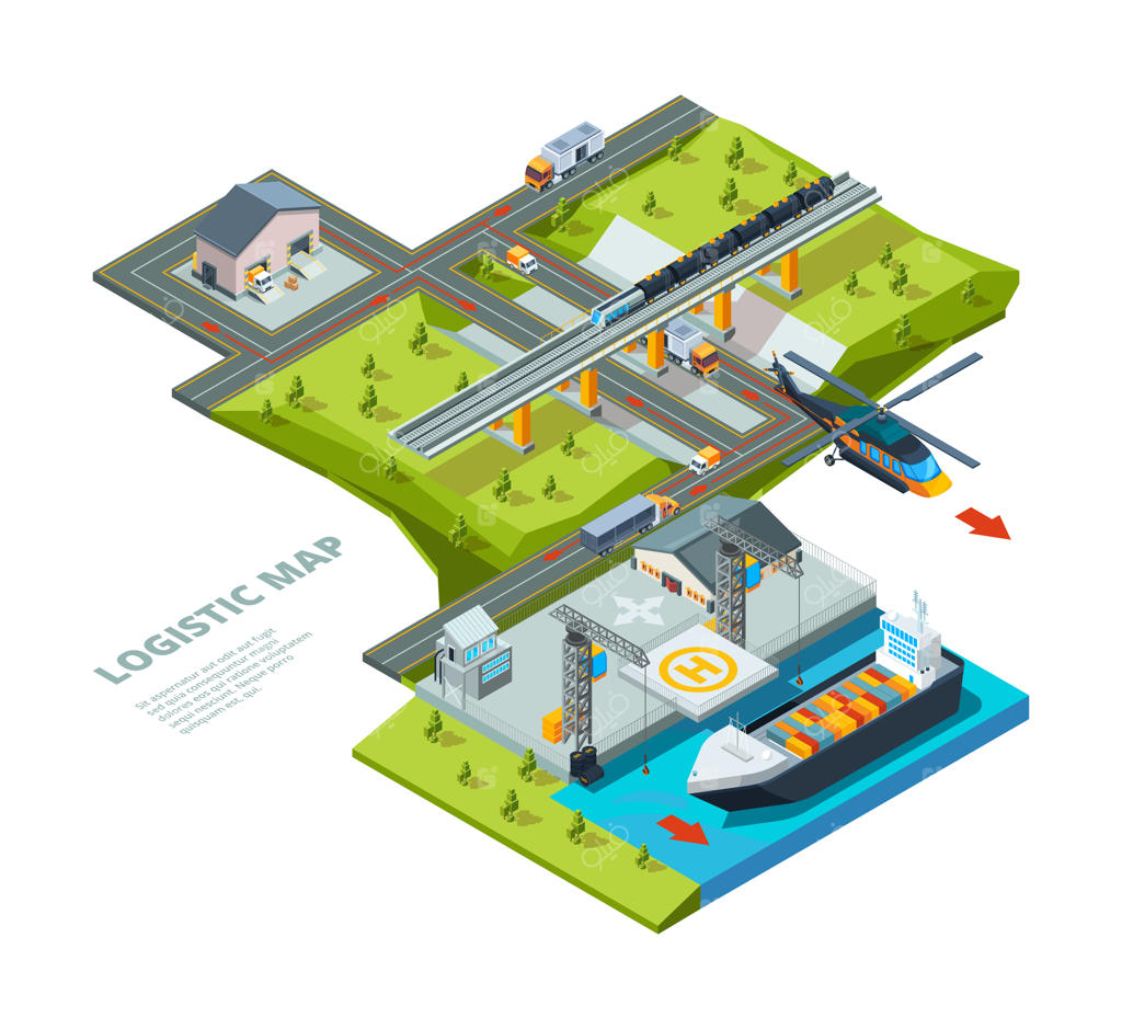 مفهوم لجستیک: نقاط نقشه راه برای حمل و نقل دریایی، ریلی و جاده‌ای - پس‌زمینه لجستیک. تحویل بار، کامیون‌ها و تصویرسازی دریایی لجستیک