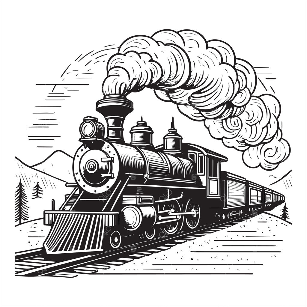 لوکوموتیو بخار قدیمی در حال عبور از میان منظره با دودی انبوه