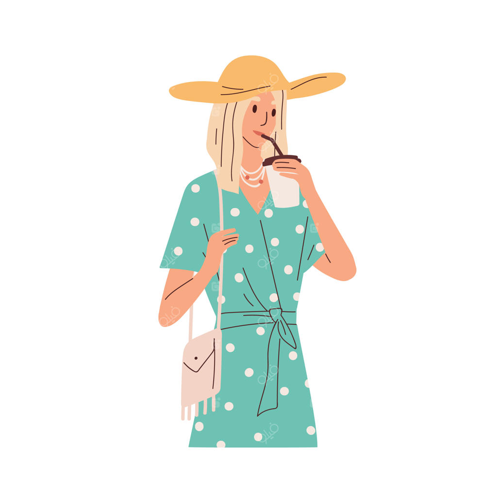 زنی در حال نوشیدن قهوه داغ در لیوان کاغذی. فردی با لیوان چای بیرون‌بر در دست. زن جوانی که لیموناد تابستانی با نی را حمل می‌کند. تصویرسازی وکتور ساده بر روی زمینه سفید.