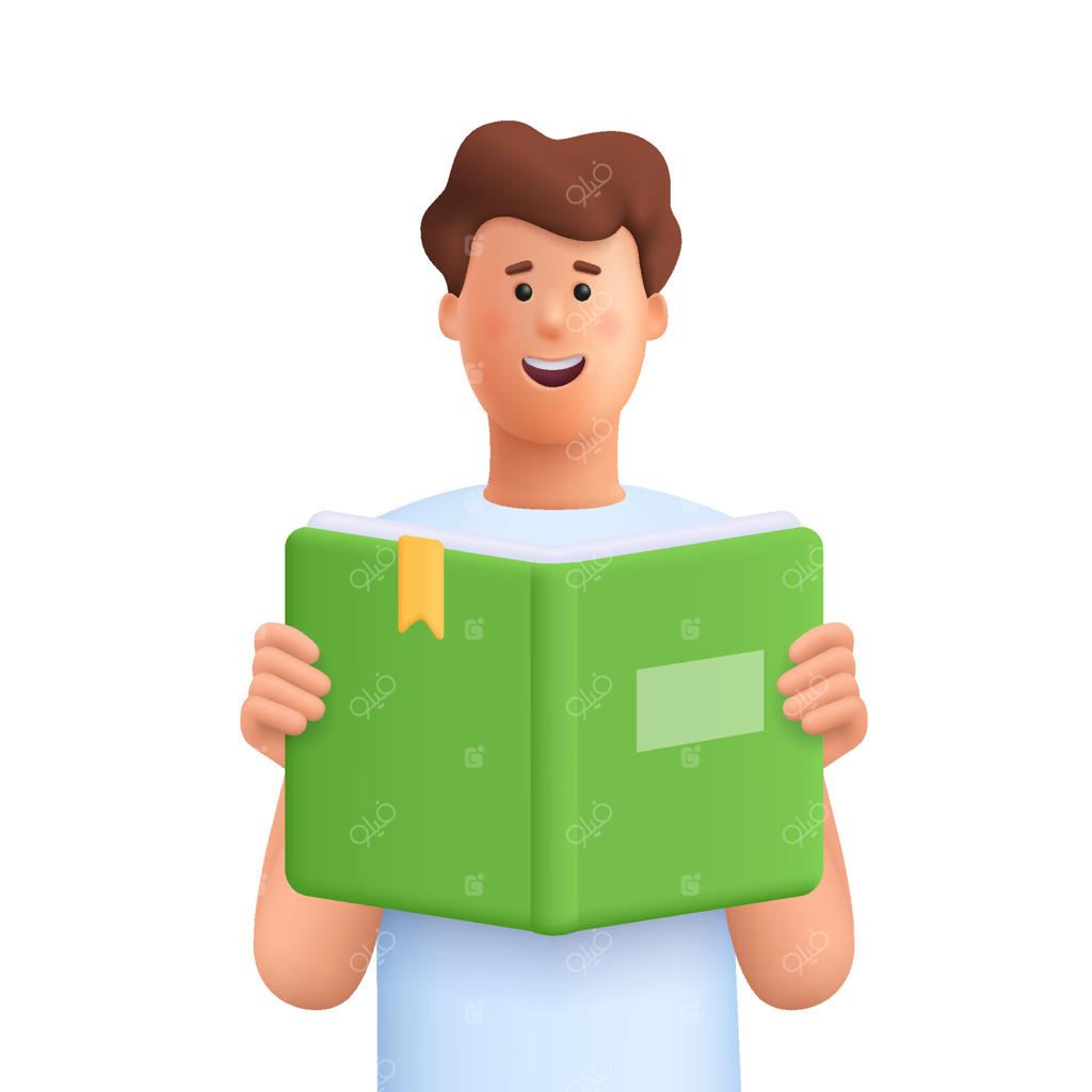 مرد جوانی در حال لبخند زدن و خواندن کتاب باز. مفهوم آموزش. شخصیت سه‌بعدی. سبک کارتونی و مینیمال.
