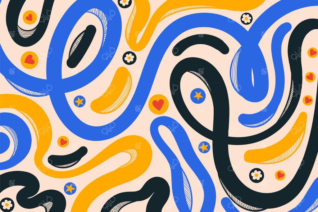 پس‌زمینه‌ای چندرنگ با خطوط موج‌دار و قلب‌های قرمز - خطوط روان و شیک تزئینی