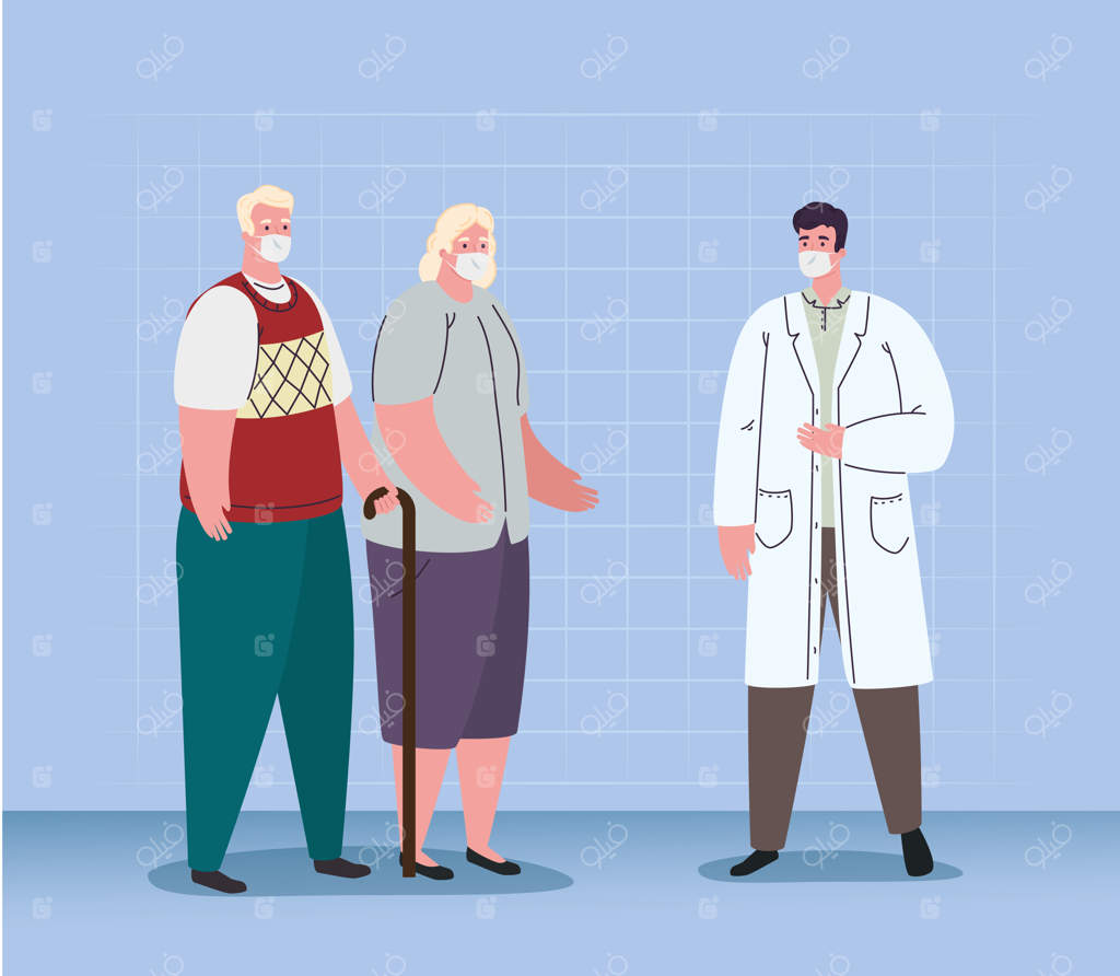 پیرزن، مرد و دکتر مرد با ماسک