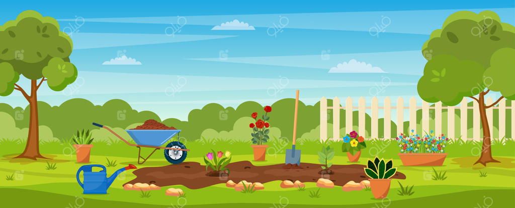 باغ با چمن سبز، گل‌ها، فرغون باغ و بیلچه: مفهوم طراحی باغ. بنر با منظره بهاری یا تابستانی. تصویرسازی برداری در طراحی ساده.