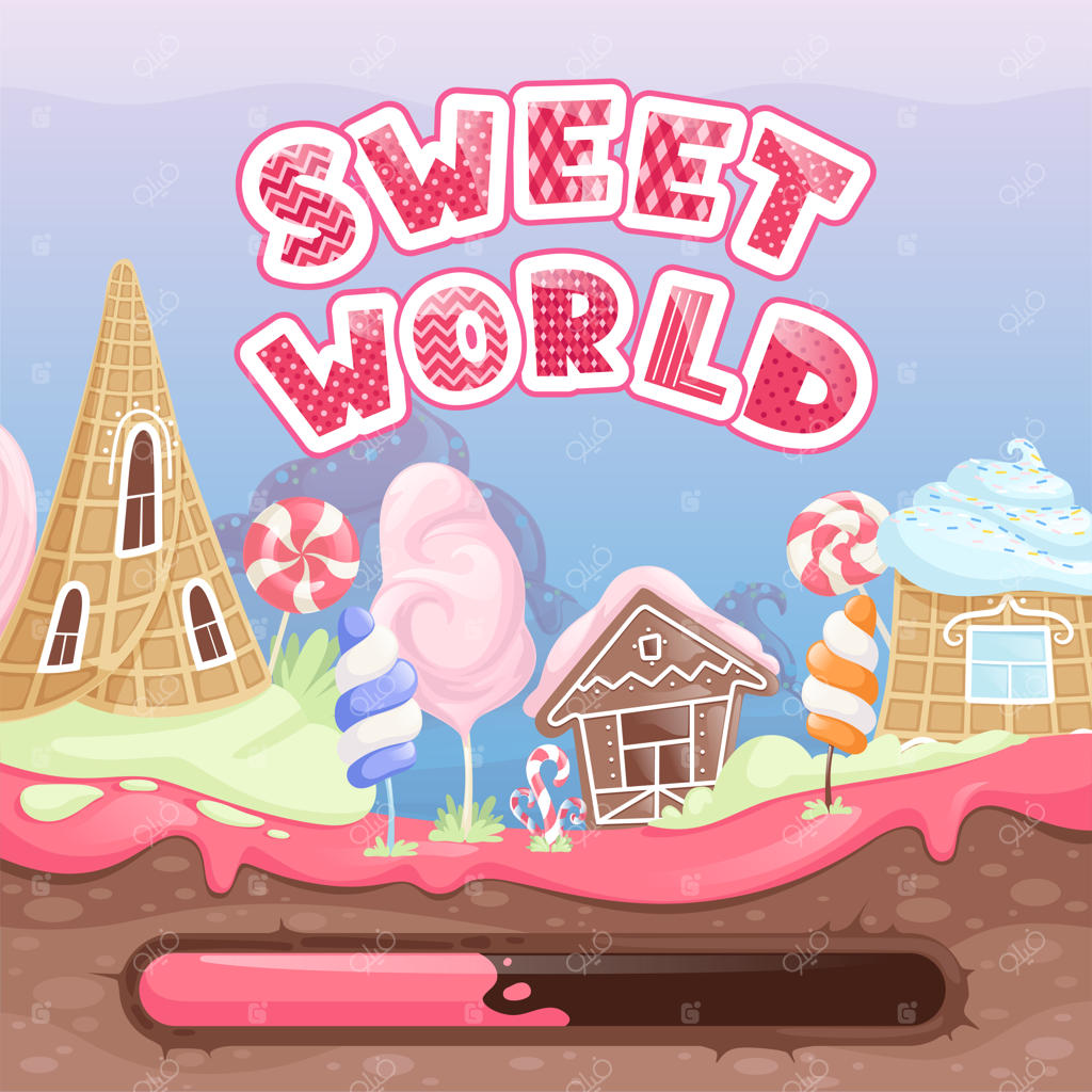 معرفی بازی فانتزی: صفحه شروع بازی ویدیویی با خوراکی‌های خوشمزه - بیسکویت‌های شکلاتی، کارامل و آبنبات چوبی - قالب رابط کاربری وب‌سایت