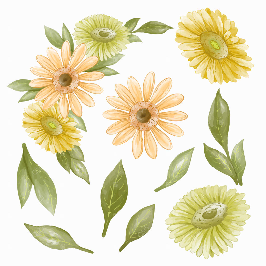 دسته‌ گل زیبا و برگ‌های تزئینی به سبک نقاشی آبرنگی