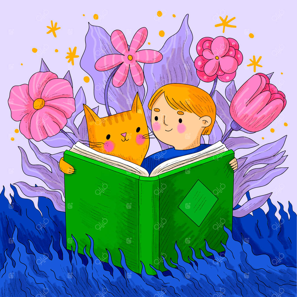 تصویر پسری و گربه‌ای در حال خواندن