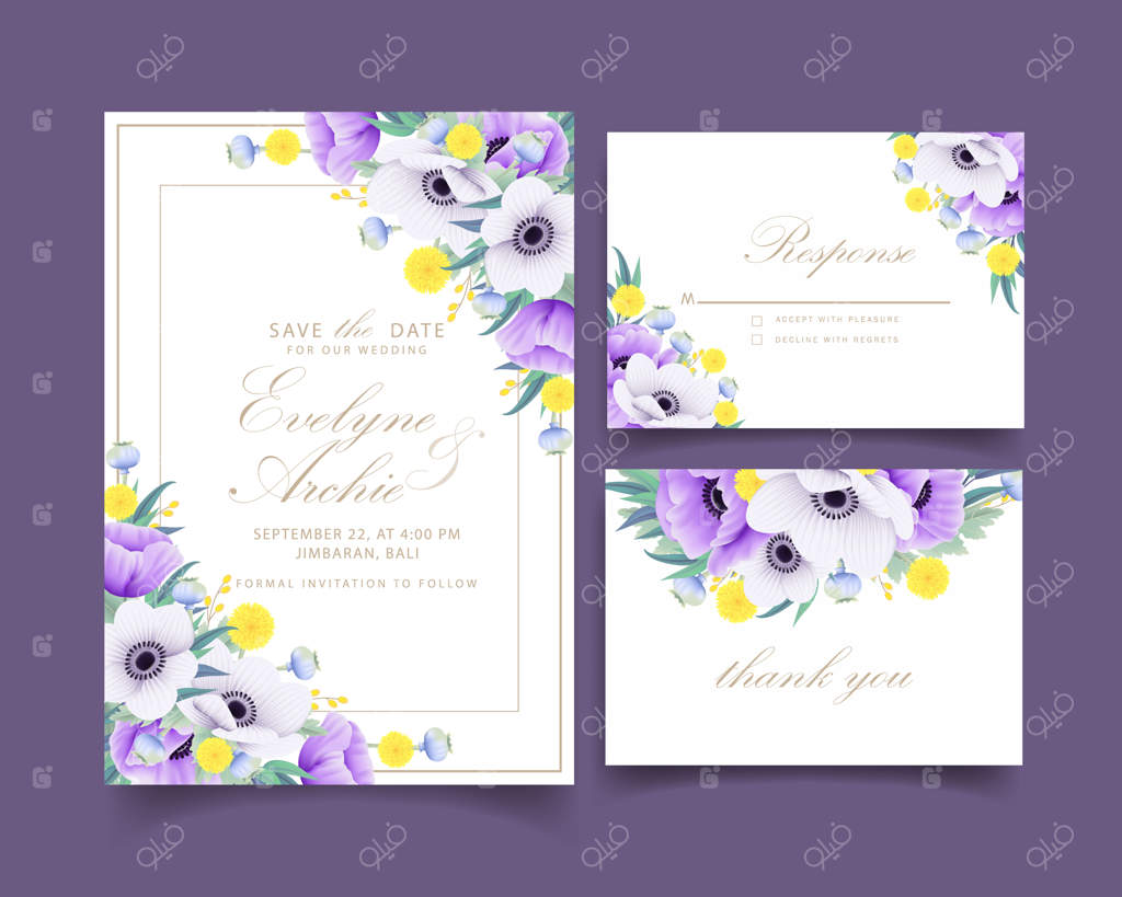 دعوتنامه عروسی گل دار با اکالیپتوس، شقایق، آلاله و کرسپدیا