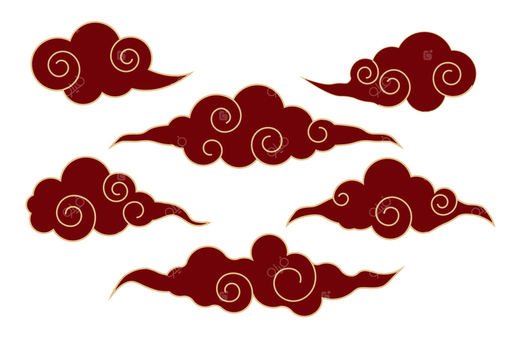 مجموعه ابرهای ژاپنی، زینت موج‌دار و پیچ‌داری آسیایی. نقش‌ و نگار چینی، تزئین شرقی خط‌ و خطی. جریان ابرها با باد در آسمان.