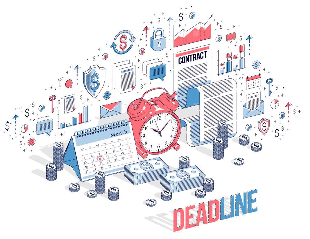 مفهوم مهلت: ساعت زنگ‌دار و تقویم به همراه دسته‌های پول نقد روی زمینه سفید. تصویرسازی ایزومتریک سه‌بعدی در تجارت با آیکون‌ها، نمودارها و عناصر طراحی.