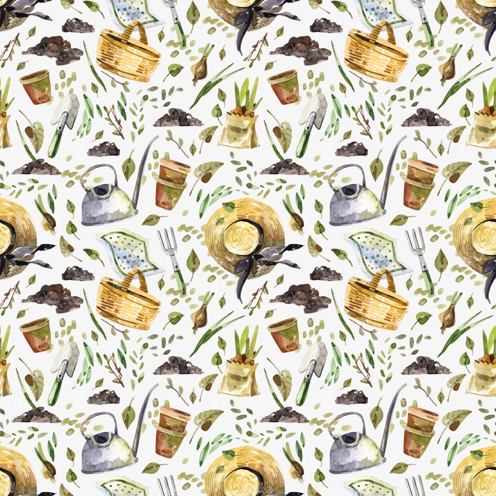 پترن آبرنگ بی‌وقفه کار در باغ بهاری - ابزار باغبانی، کلاه حصیری، خاک و گیاهان