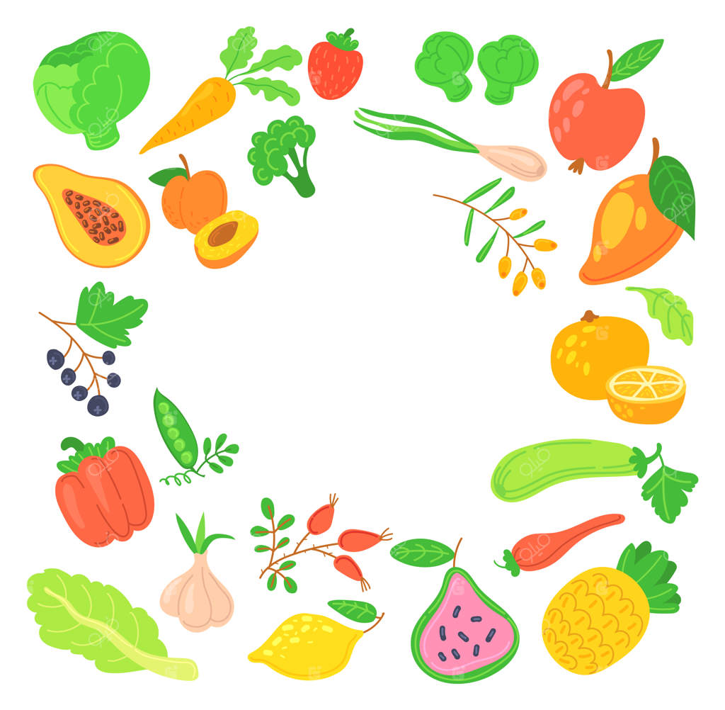 قاب گردِ سبزیجات و میوه‌های ارگانیک و تازه
