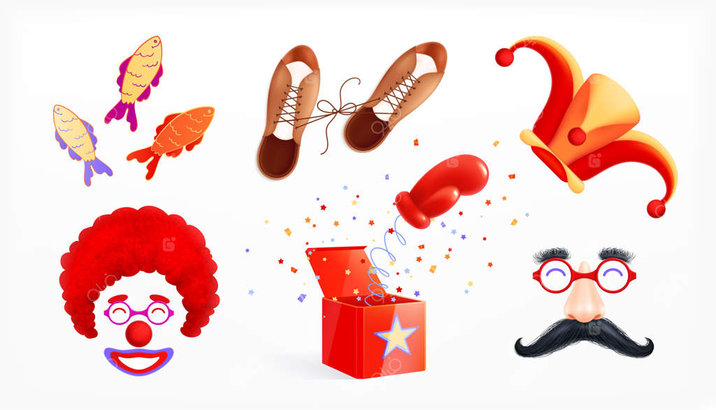 اول آوریل: مجموعه‌ای از وسایل شوخی واقعی - سبیل مصنوعی، ماسک دلقک و کلاه - تصویر وکتور