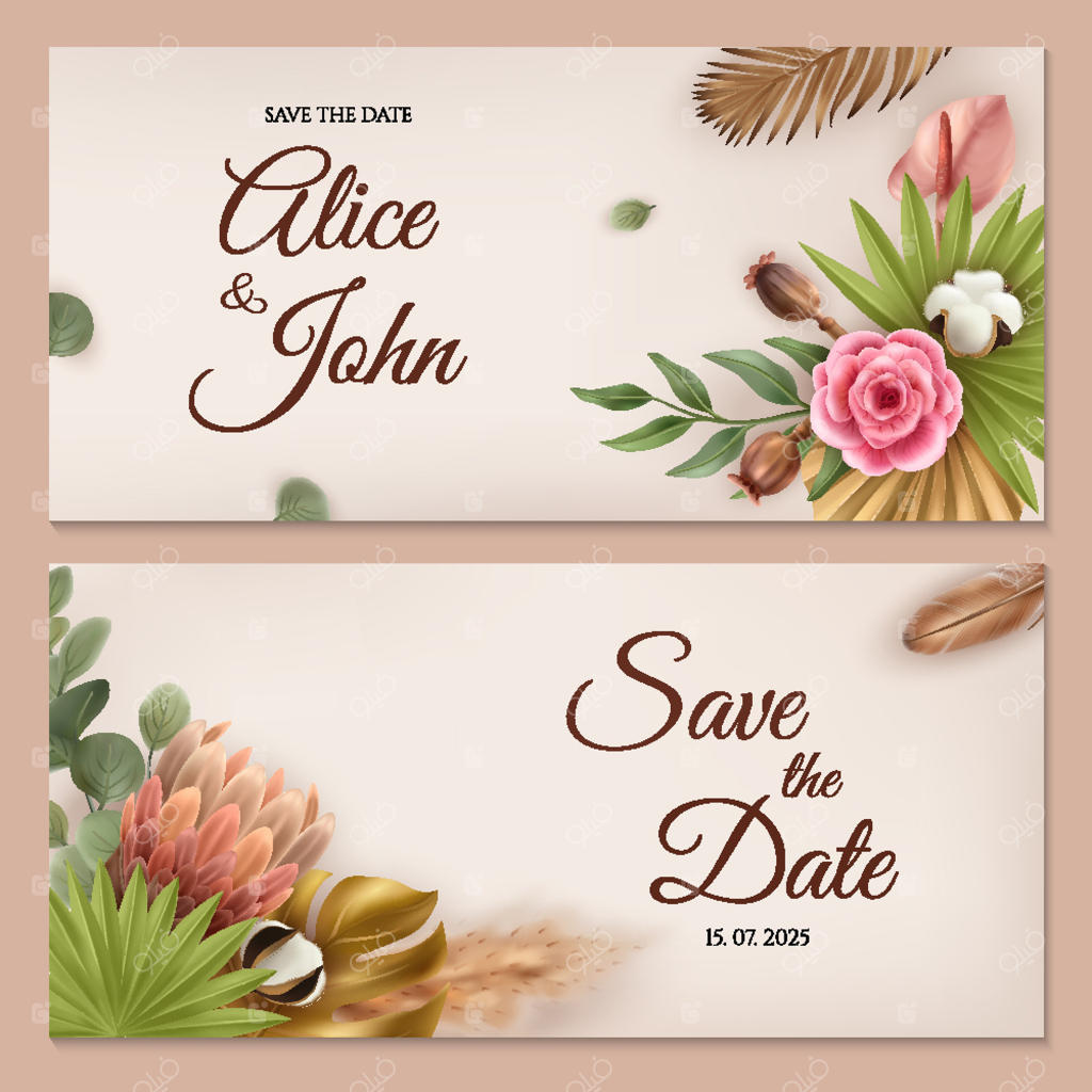 ست بنر افقی دعوتنامه عروسی با سبک بوهو و طرح برگ‌ها