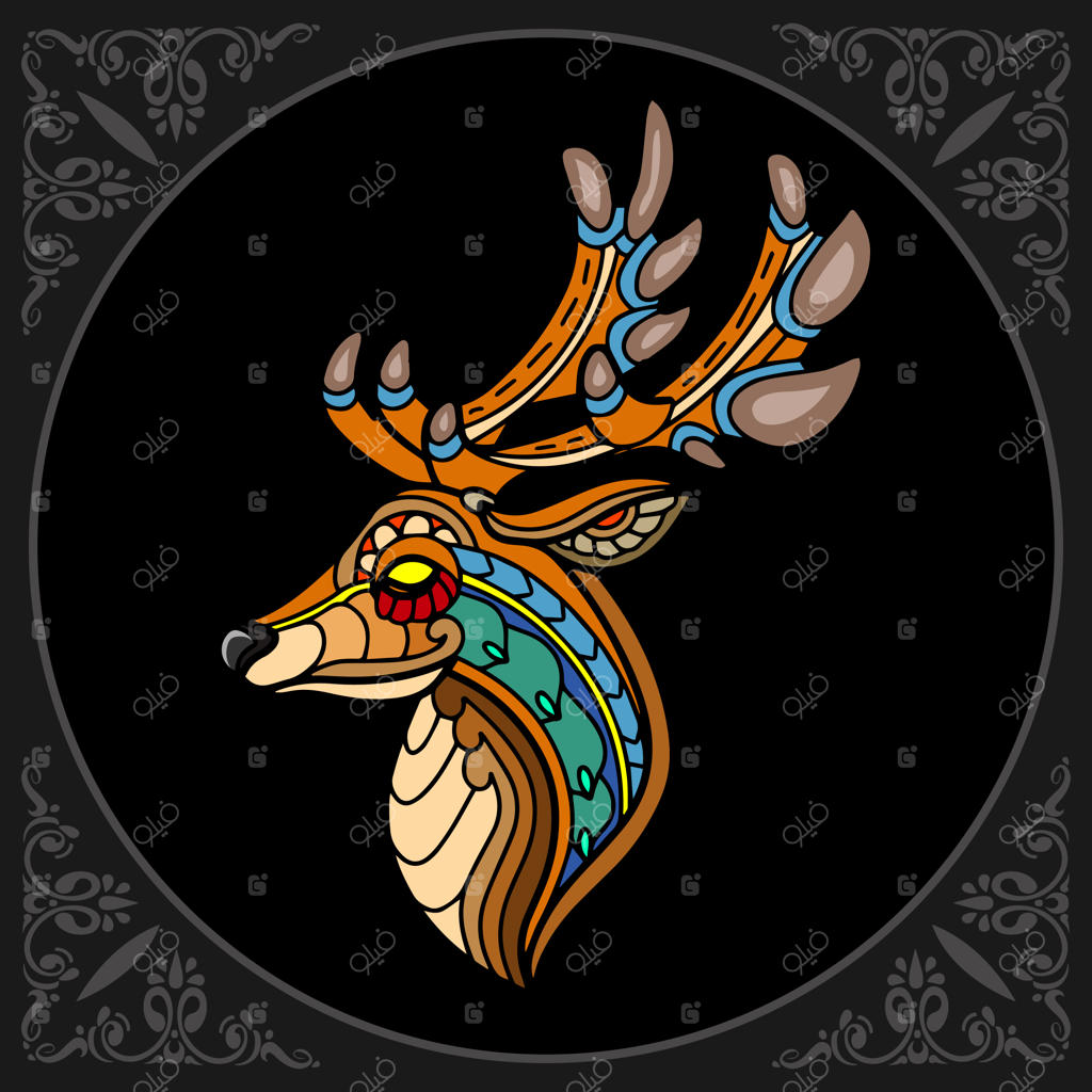 هنرهای زنتانگل گوزن رنگارنگ بر روی زمینه سیاه