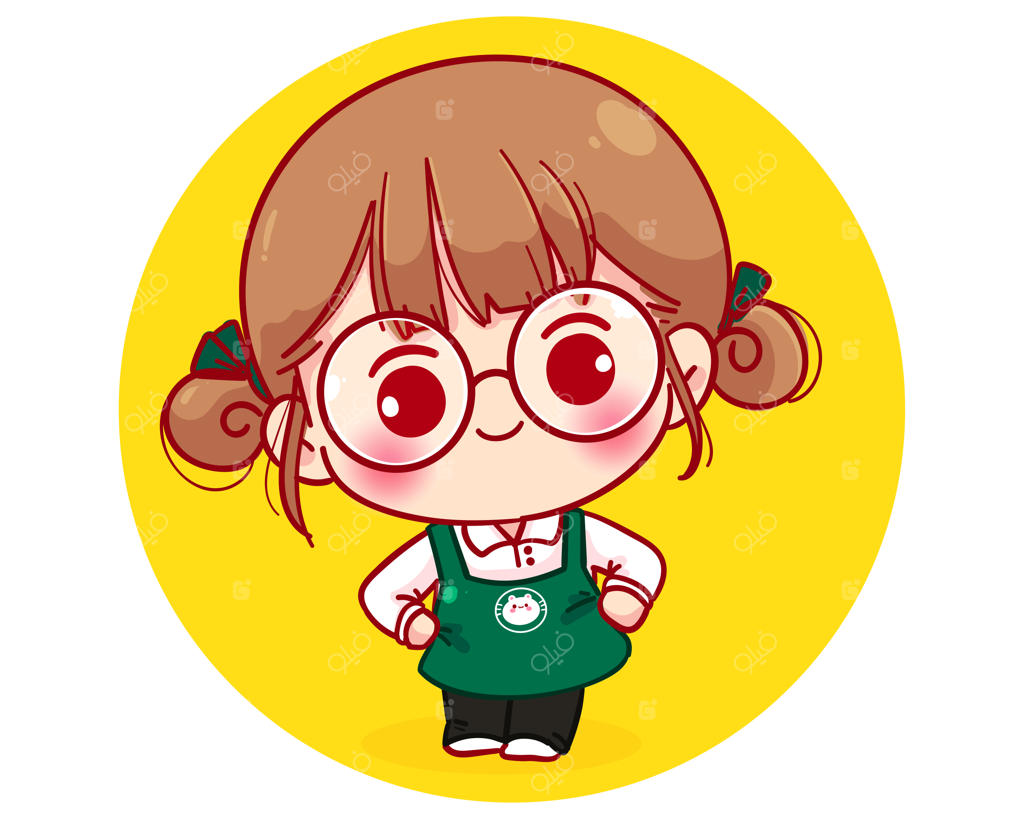 تصویر کاراکتر کارتونی باریستای بامزه با لبخند و پیش‌بند مهربانانه