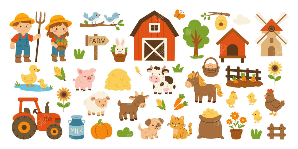 صحنه‌ای از یک مزرعه با تابلویی که روی آن نوشته شده "مزرعه" در جلو. حیوانات مختلفی از جمله یک اسب، گاو و مرغ در مزرعه دیده می‌شوند. یک تراکتور هم در آنجا حضور دارد.